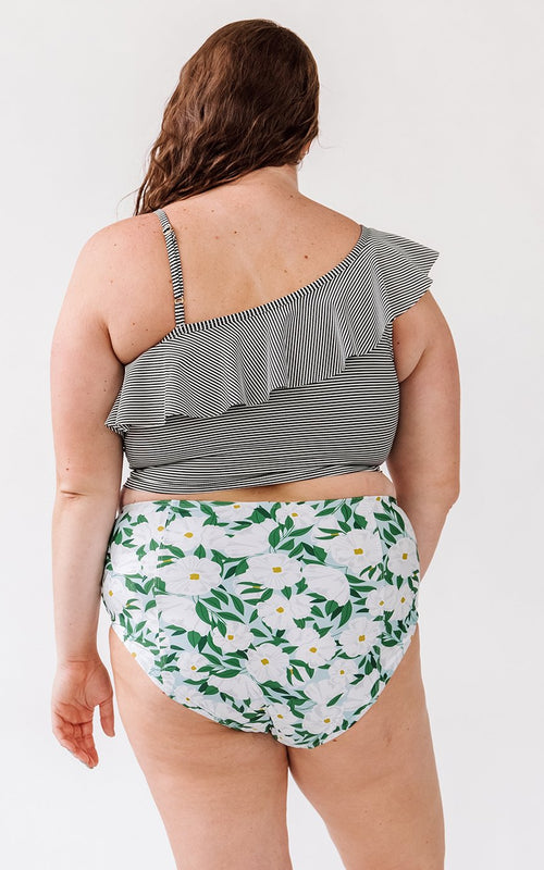 Black Seersucker One-Shoulder Crop