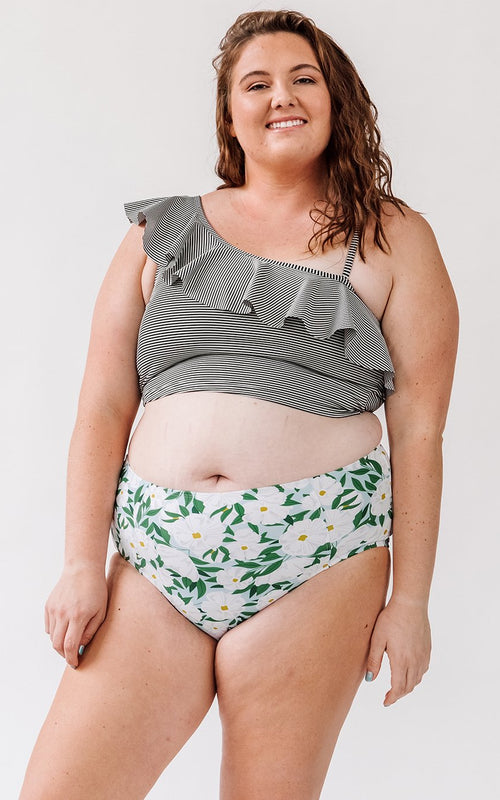 Black Seersucker One-Shoulder Crop