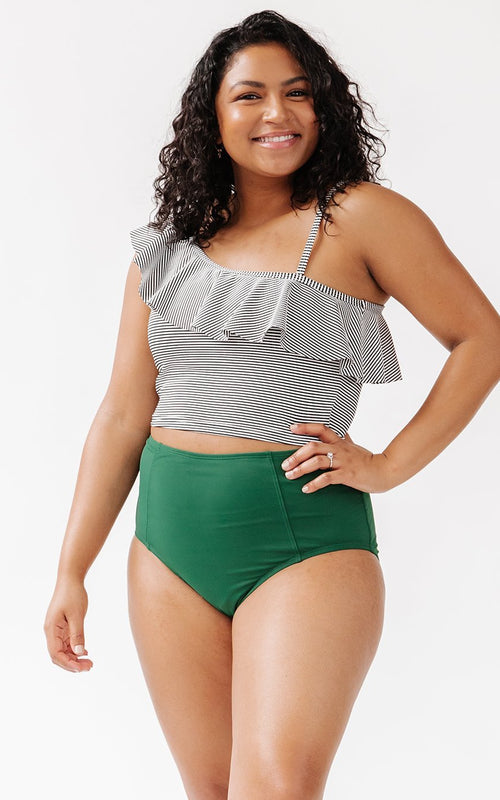 Black Seersucker One-Shoulder Crop