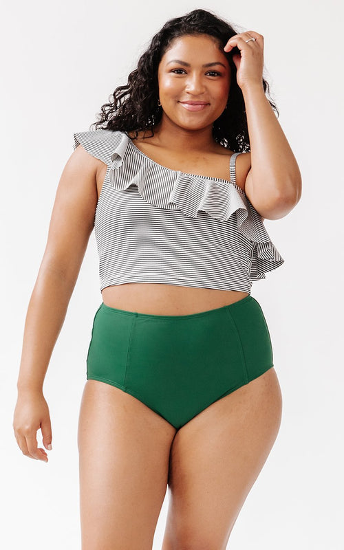 Black Seersucker One-Shoulder Crop
