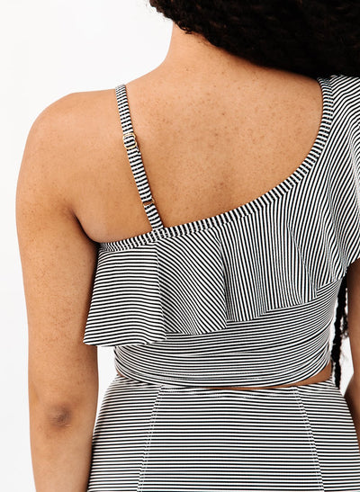Black Seersucker One-Shoulder Crop - XXS