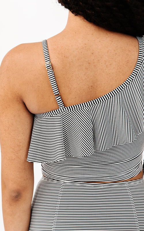Black Seersucker One-Shoulder Crop