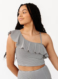 Black Seersucker One-Shoulder Crop