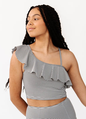 Black Seersucker One-Shoulder Crop