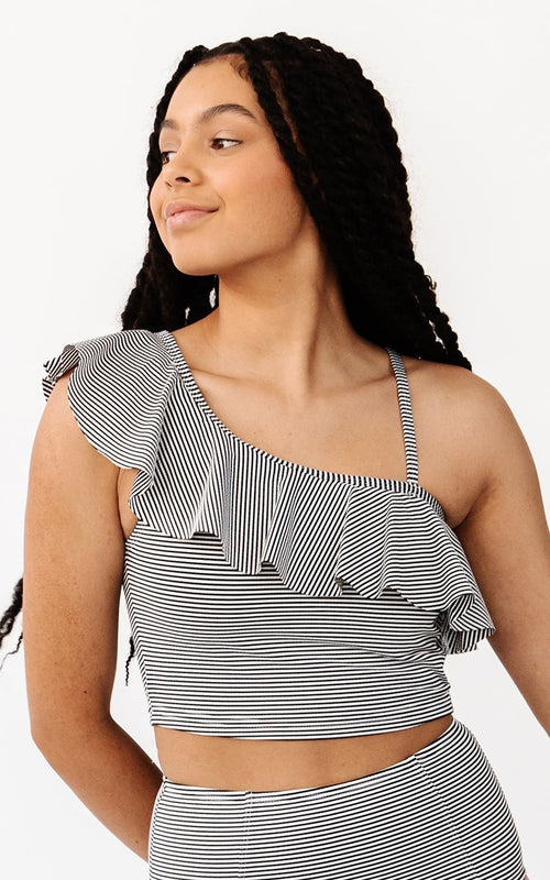 Black Seersucker One-Shoulder Crop