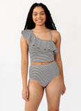 Black Seersucker One-Shoulder Crop