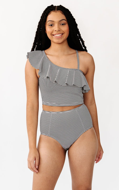 Black Seersucker One-Shoulder Crop