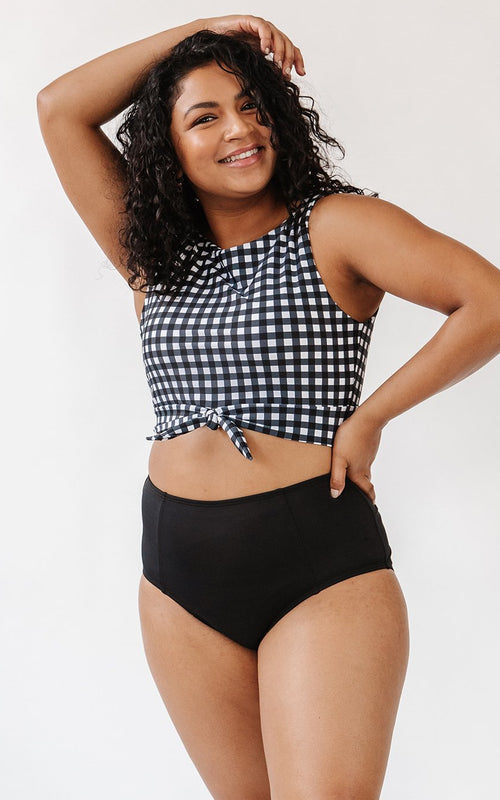 Black Gingham Knotted Crop Top