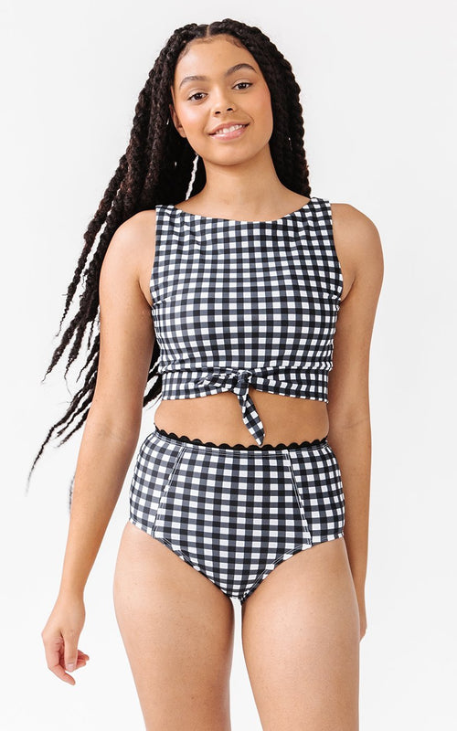 Black Gingham Knotted Crop Top