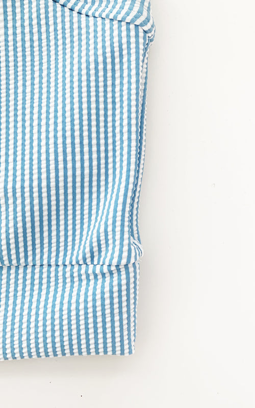Blue Seersucker One-Shoulder Crop