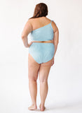 Blue Seersucker One-Shoulder Crop