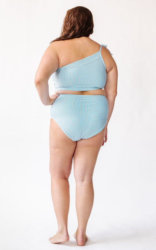 Blue Seersucker One-Shoulder Crop