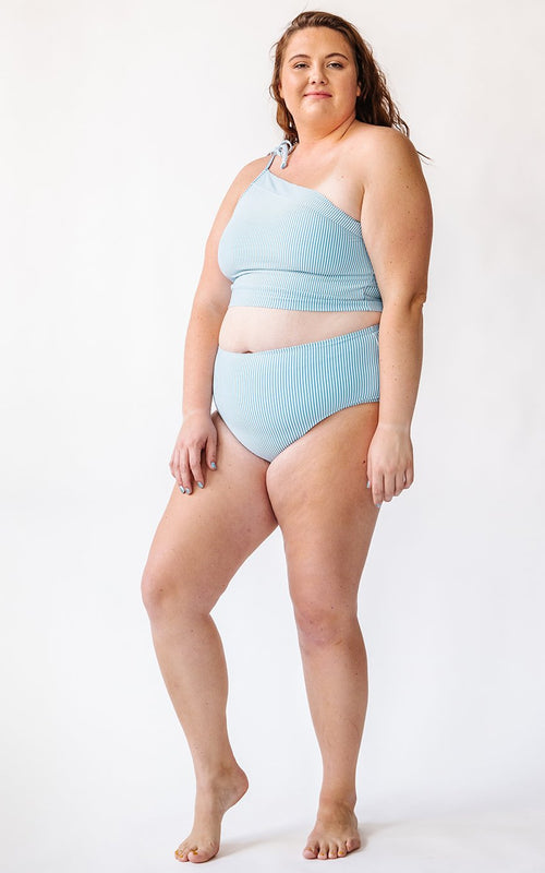 Blue Seersucker One-Shoulder Crop