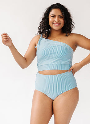 Blue Seersucker One-Shoulder Crop