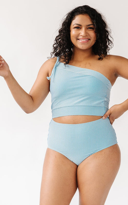 Blue Seersucker One-Shoulder Crop