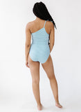 Blue Seersucker One-Shoulder Crop