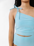 Blue Seersucker One-Shoulder Crop
