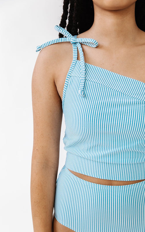 Blue Seersucker One-Shoulder Crop