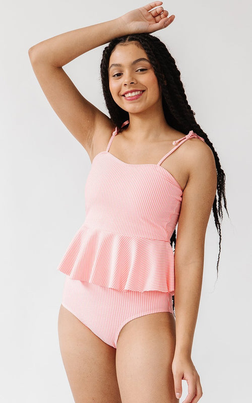 Coral Seersucker Classic Peplum