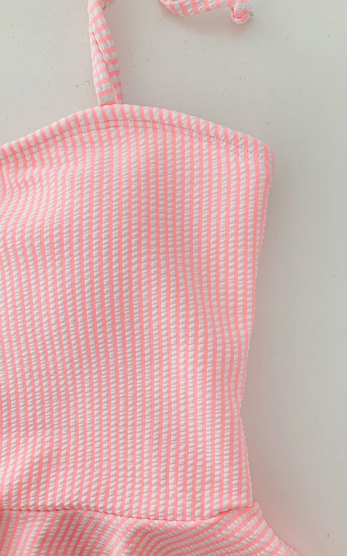 Coral Seersucker Classic Peplum