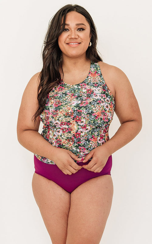Crayon Floral Racer-Back Tankini Top