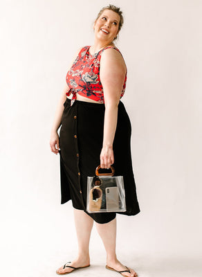 Black Button Trim Midi Skirt
