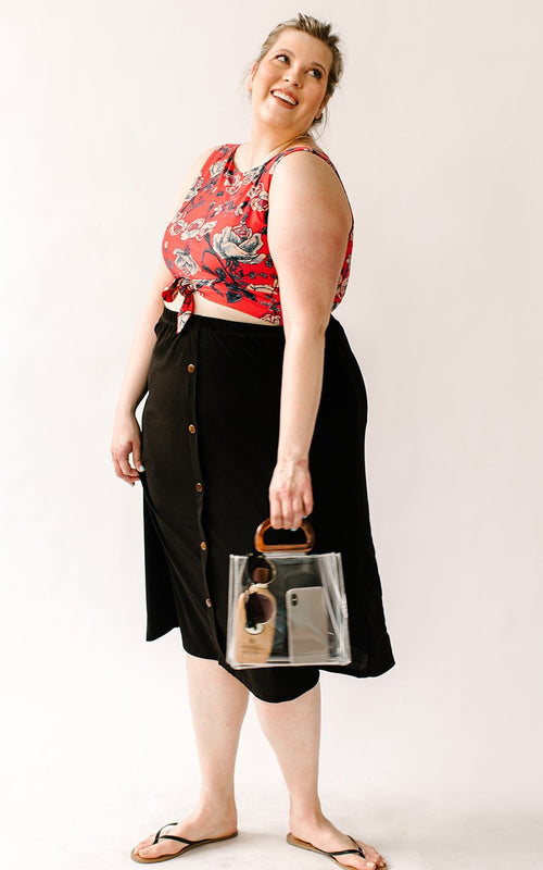 Black Button Trim Midi Skirt