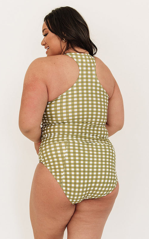 Moss Gingham Racer-Back Tankini Top