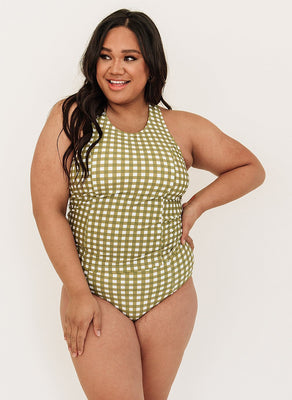 Moss Gingham Racer-Back Tankini Top