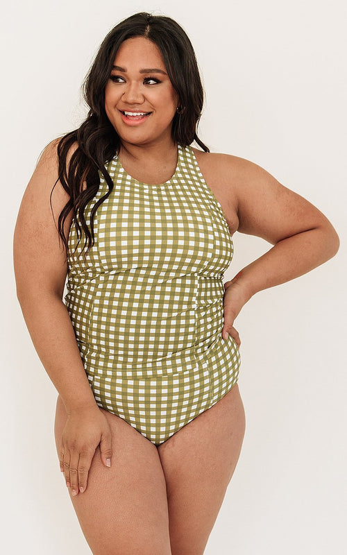 Moss Gingham Racer-Back Tankini Top