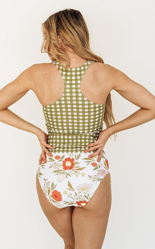 Moss Gingham Racer-Back Tankini Top