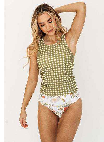 Moss Gingham Racer-Back Tankini Top - XXS