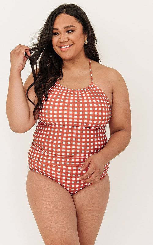 Rust Gingham Cinch-Neck Tankini