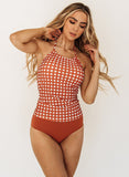 Rust Gingham Cinch-Neck Tankini