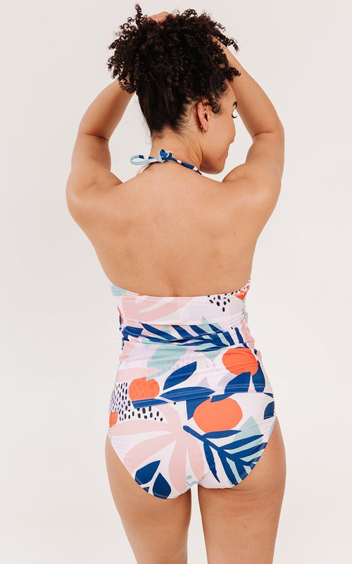 Abstract Floral Cinch-Neck Tankini Top