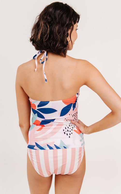 Abstract Floral Cinch-Neck Tankini Top