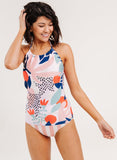 Abstract Floral Cinch-Neck Tankini Top