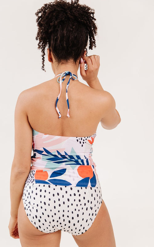 Abstract Floral Cinch-Neck Tankini Top