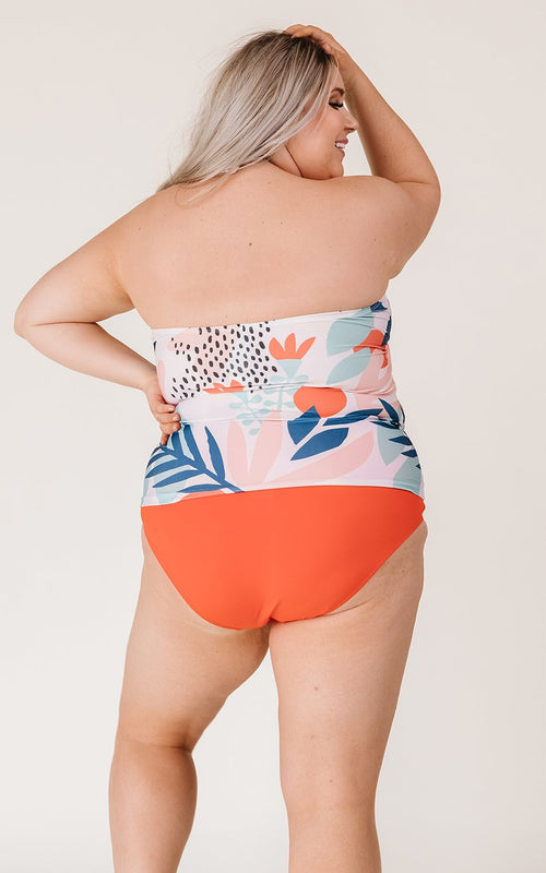 Abstract Floral Cinch-Neck Tankini Top