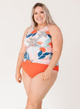 Abstract Floral Cinch-Neck Tankini Top