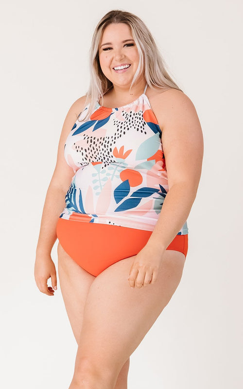 Abstract Floral Cinch-Neck Tankini Top