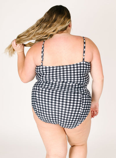 Black Gingham Ruched Tankini - X-SMALL
