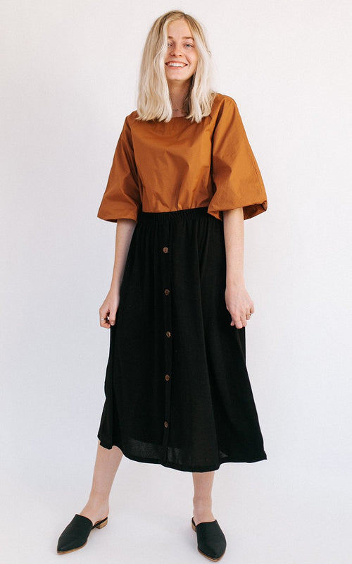 Black Button Trim Midi Skirt