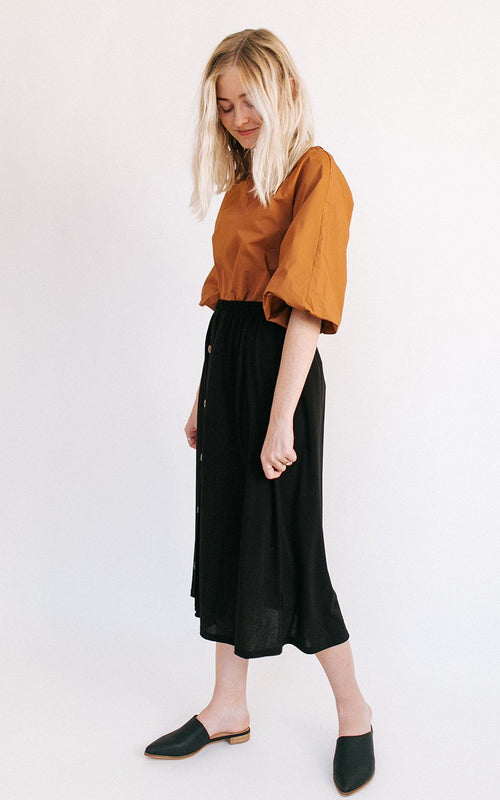 Black Button Trim Midi Skirt