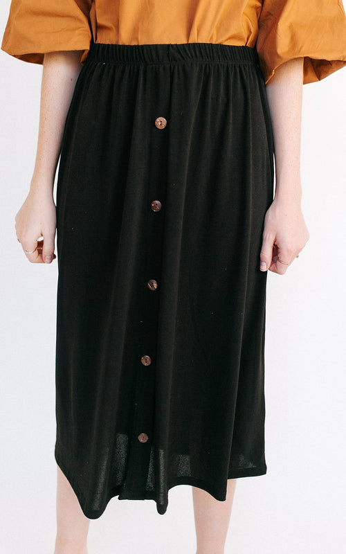 Black Button Trim Midi Skirt