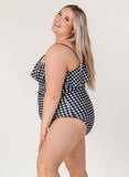 Black Gingham One-Shoulder One-Piece