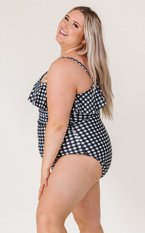Black Gingham One-Shoulder One-Piece