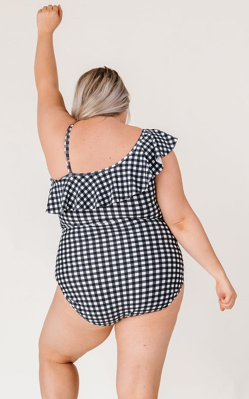 Black Gingham One-Shoulder One-Piece