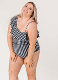 Black Gingham One-Shoulder One-Piece