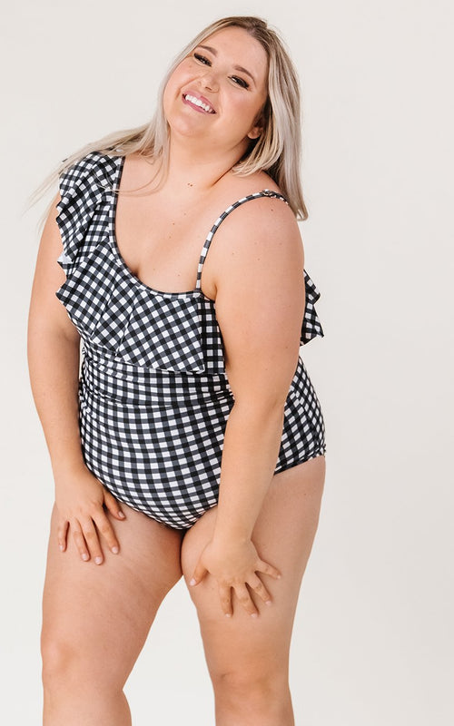 Black Gingham One-Shoulder One-Piece